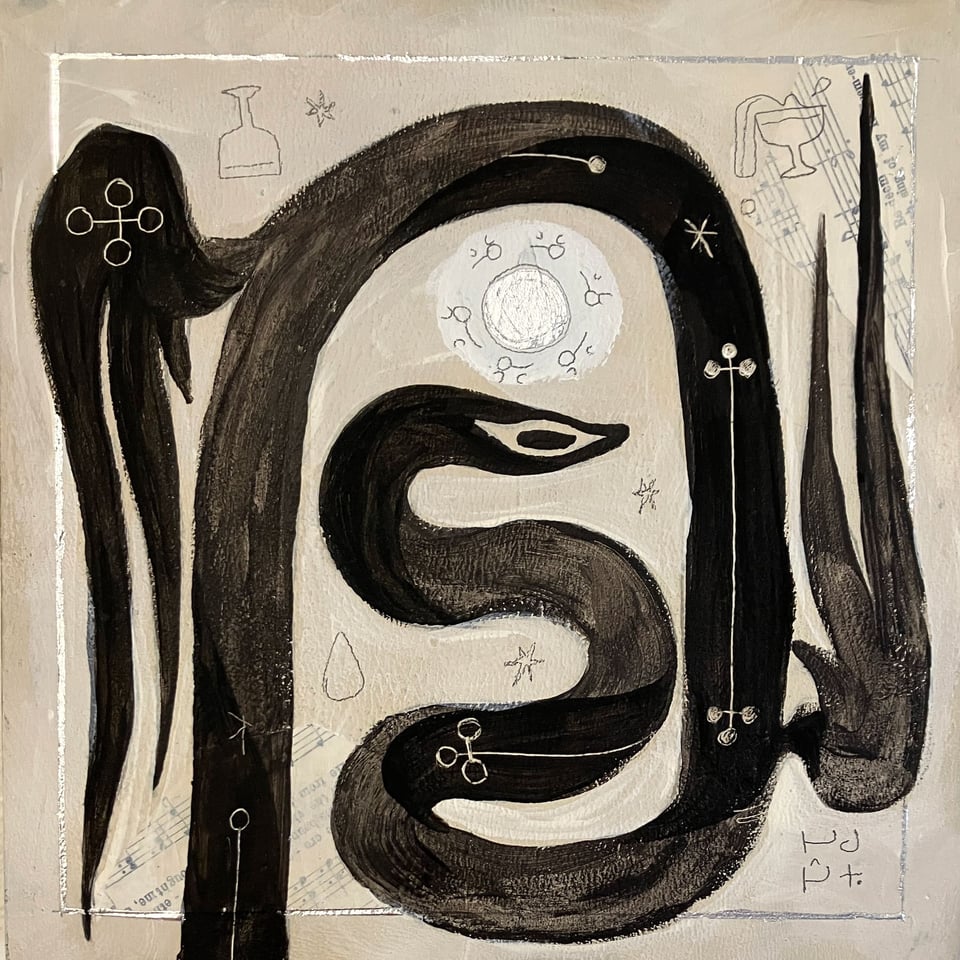 A winged serpent winds around the composition in a vague arch shape, covered in sigils, and crowned with a silver halo encircled with the word 'holy' in Wormrōte. The background is patched with collage of hymns, cups, water, stars, and the word 'cascade' in Wormrōte.