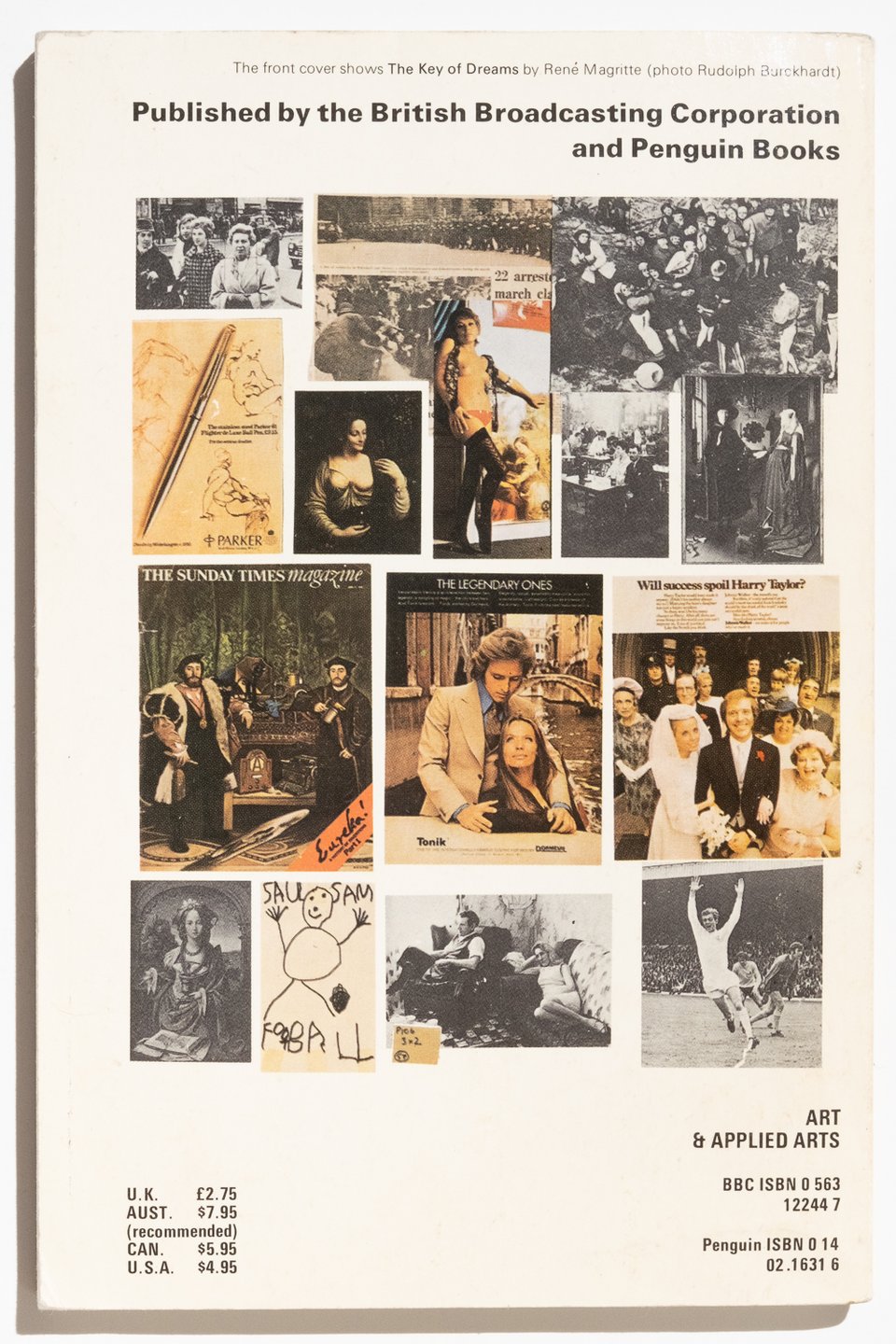 The back cover of "Ways of Seeing." It features 14 images arranged in a loose grid. the images are juxtapositions of ads, paintings, sports games, children's drawing, and newspaper photos. The grid of images is similar to grids of images in comics