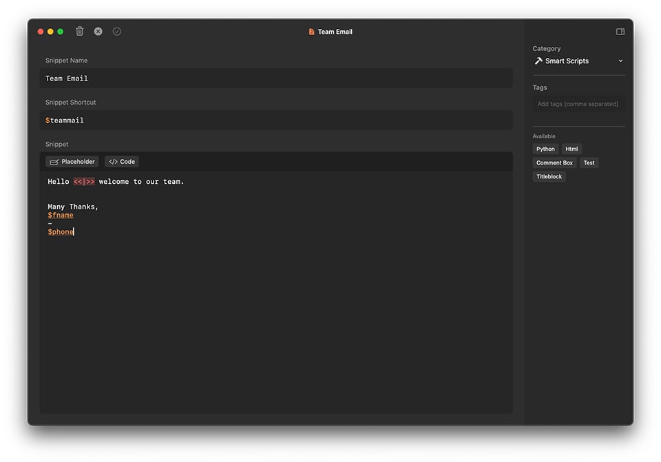 A preview of the Snippet Editor interface for the ShortCode App.