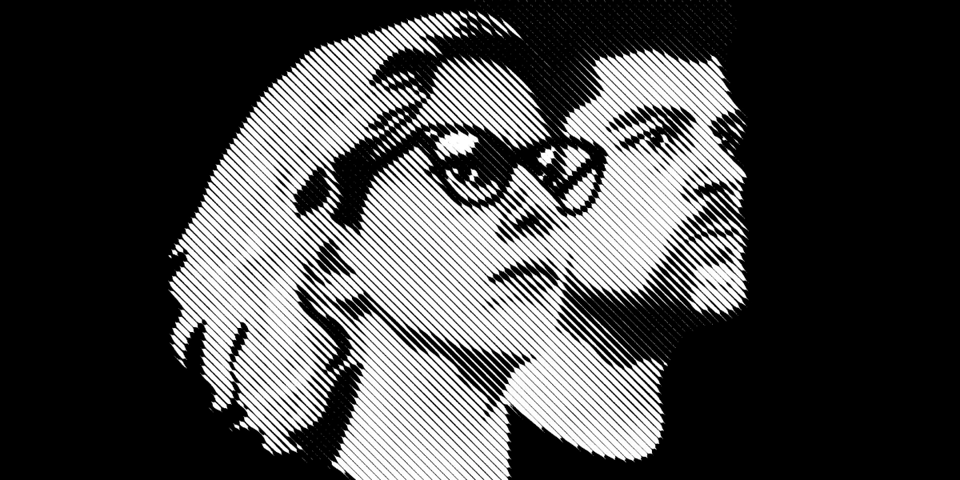 Katy and Chris stare off into the distance heroically. We are rendered in a black and white graphical style.