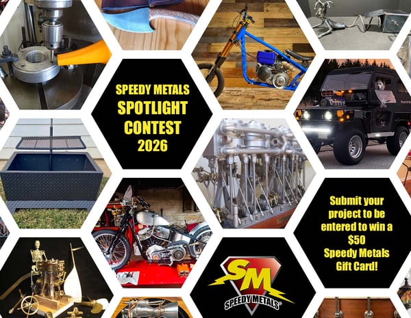 Image shows a honeycomb grid of images of various past customer projects and the text "Speedy Metals Spotlight Contest 2026: Submit your project to be entered to win a $50 Speedy Metals Gift Card!"