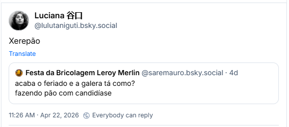 Post de Luciana 谷口 (‪@lulutaniguti.bsky.social‬) citando o post da Aline de Assis: Xerepão