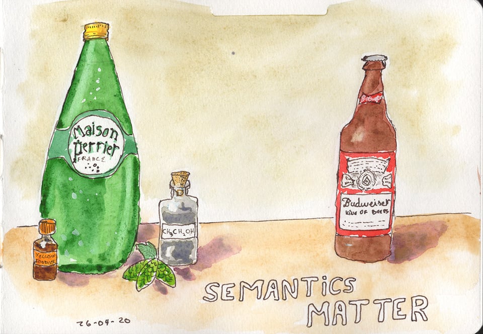 Ink and watercolor sketch. On the left of the image is a bottle of Perrier sparkling water, with a small bottle of yellow food dye, some hops, and a small bottle of alcohol. On the right is a bottle of budweiser. The text "Semantics Matter" is in large text. Dated April 20, 2026.