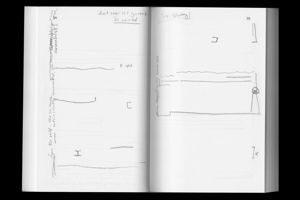 [Two mostly blank book pages populated only with underlines, brackets, and scribbles in the margins.]