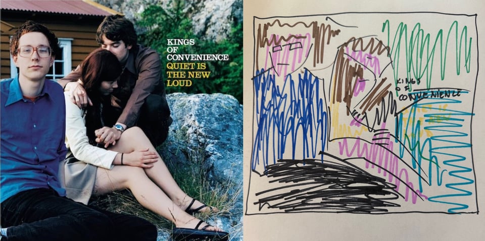 A color photograph of three people. The first one is a very young looking white man, with short reddish brown hair and glasses, in a blue dress shirt and dark blue corduroys. He has a very twee, geek look to him. He looks at the camera with a slightly smug look. Behind him is a white man and white woman. The man has an arm around the woman and his mouth in her hair as if kissing her head. She wears a white long sleeve blouse and a skirt -- her bare legs are in the center of the picture.