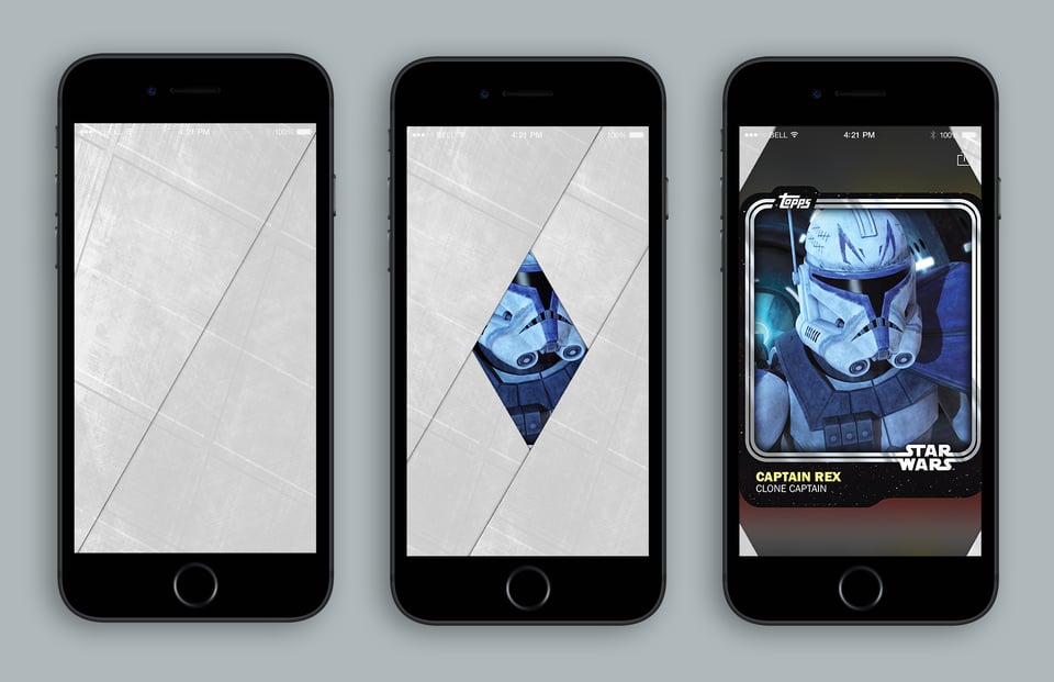 an image of three screens from the star wars card trader collecting app by topps displaying a pack opening animation with blast doors opening to reveal a trading card of captain rex from star wars the clone wars television show