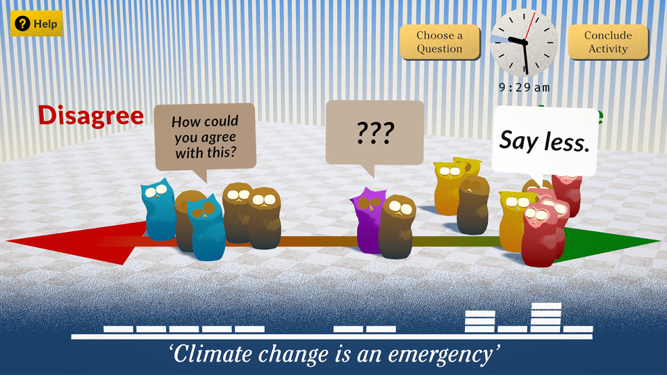 Screenshot from the game Diem that shows cartoon owl characters on a spectrum of agreeing/disagreeing to the statement "climate change is an emergency."