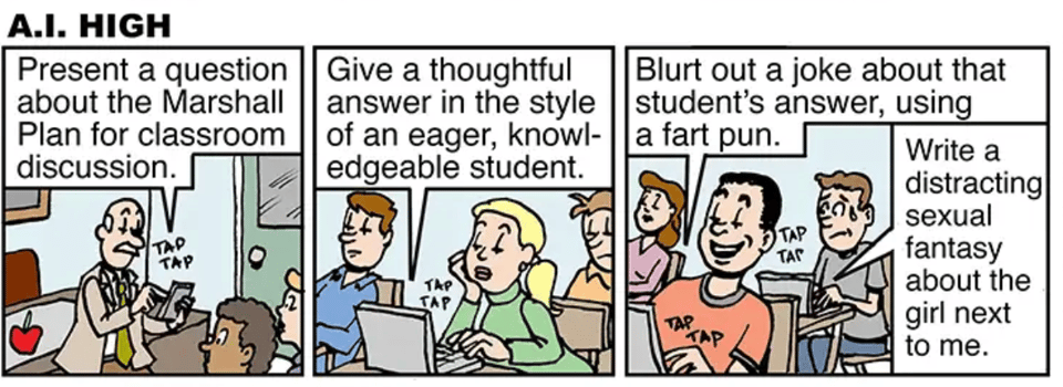 Three-panel strip titled A. I. High