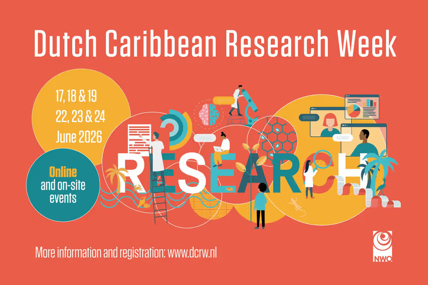 Dutch Caribbean Research Week banner; highlighting the conference dates - 17,18,19 and 22, 23,24 June 2026. More information and registration: www.dcrw.nl.
