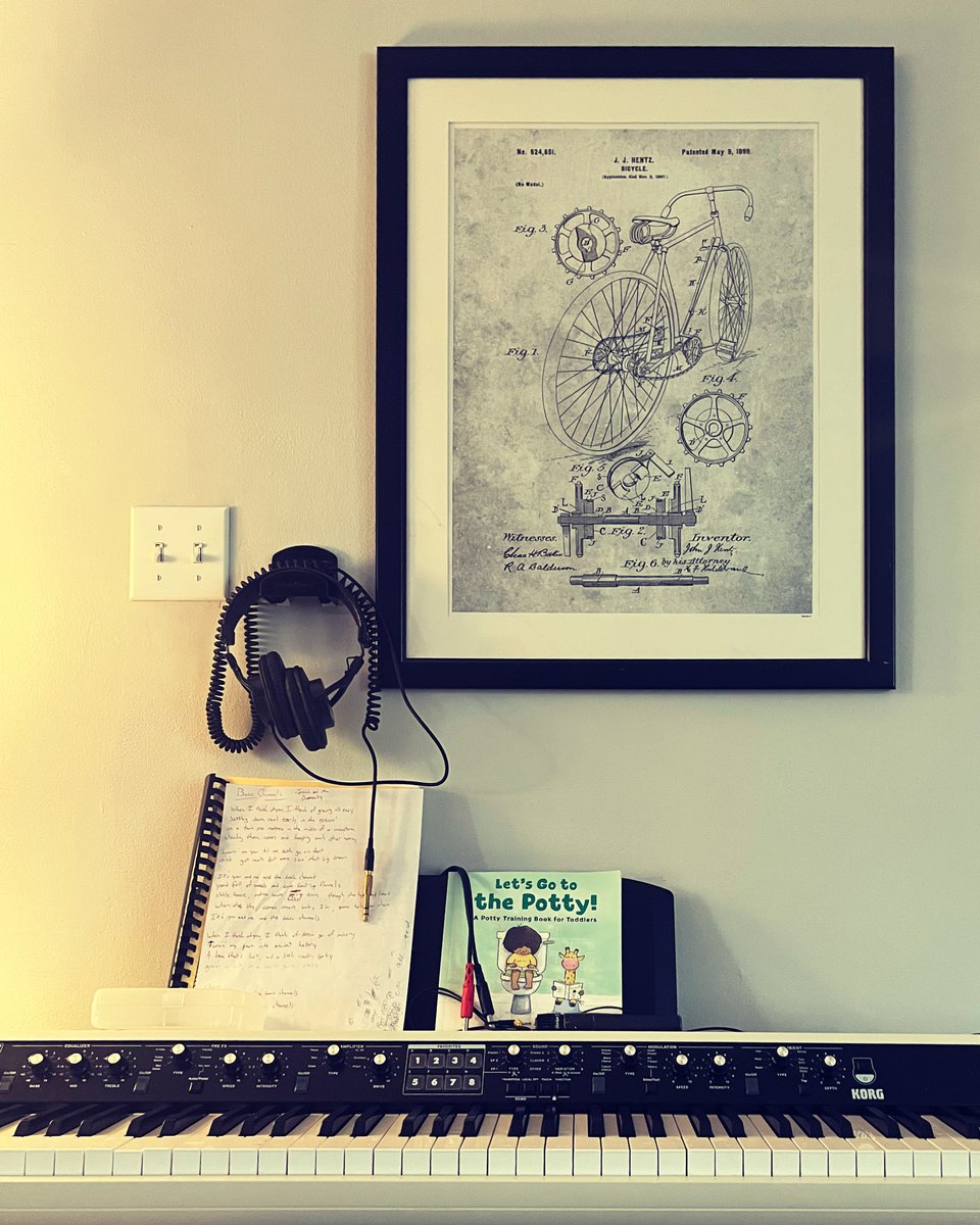a piano with a book titled