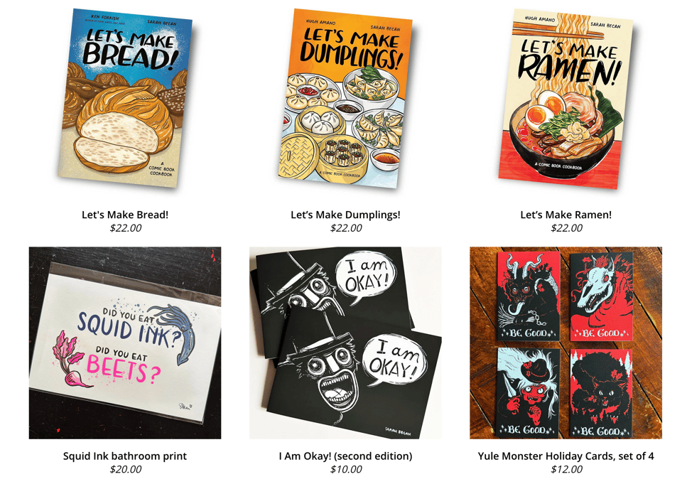 assorted books, prints, and holiday cards in my shop