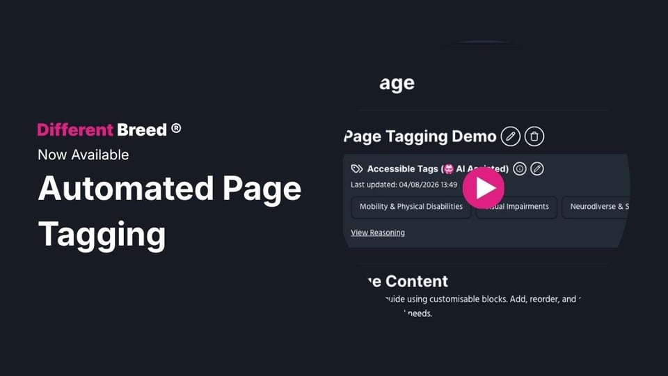 Screenshot of the new page editor with a focus on the accessible tags section. Showing a list of categories and a play button encouraging the user to click and view the demo video.