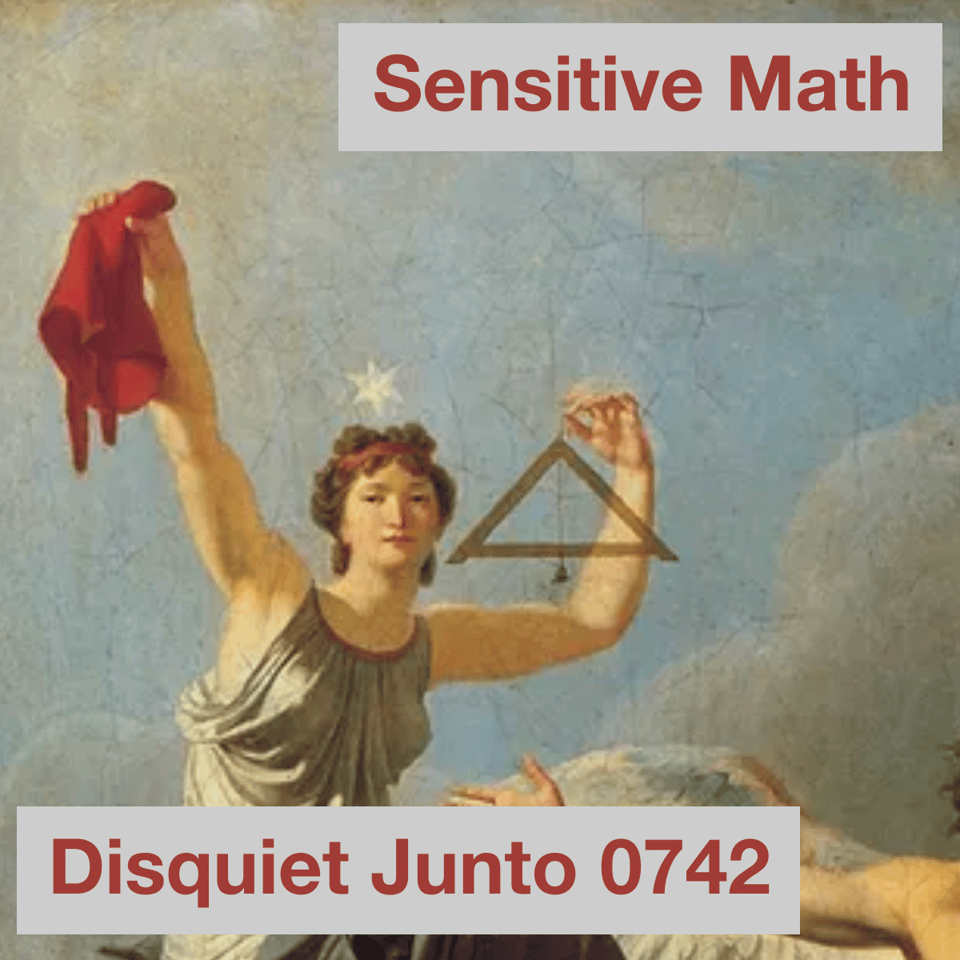 A detail of a painting showing a person in a robe with a geometric device, perhaps a scale, in one hand and a red flag in another.