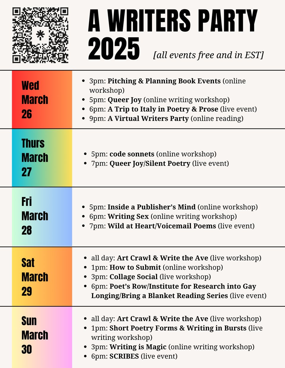 Schedule of events as listed here https://linktr.ee/awritersparty