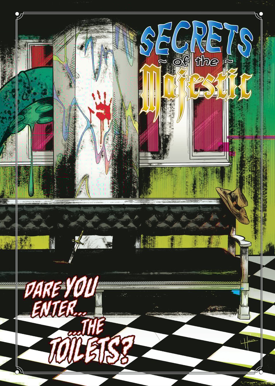 Cover for the Secrets of the Majestic comic anthology. A checkerboard floor and an unusually grandiose bench.