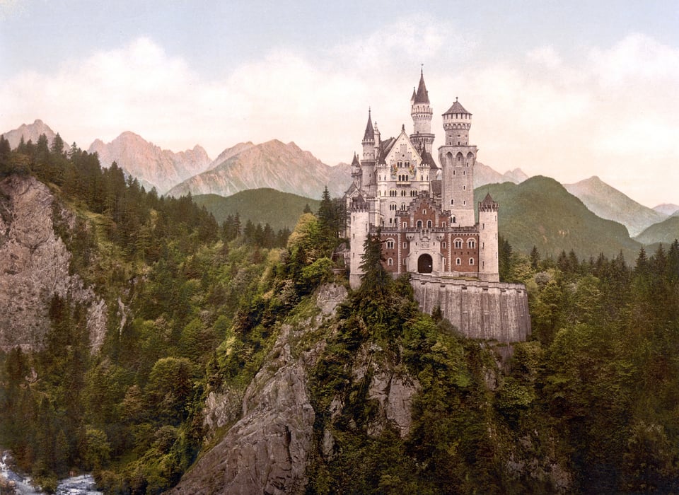 Neuschwanstein front façade and surroundings (photochrom print, c. 1900)