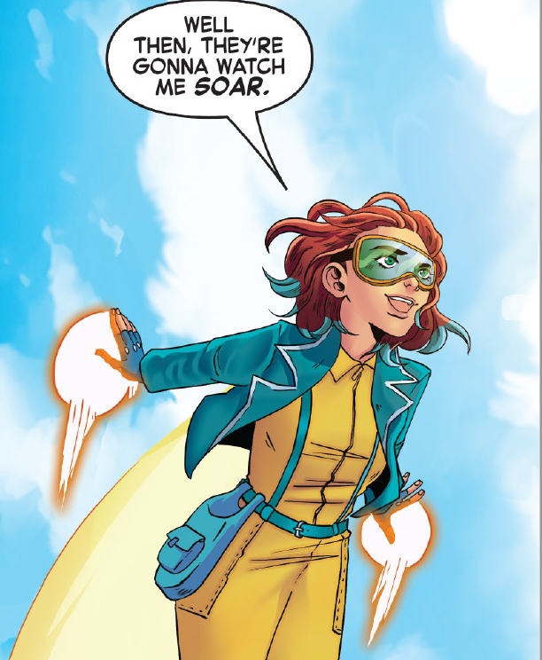 Escapade soaring through the sky wearing her usual yellow jumpsuit and blue jacket (that matches the blue tips of her hair), flying thanks to little glowing repulsors in her gloves. She's smiling and saying