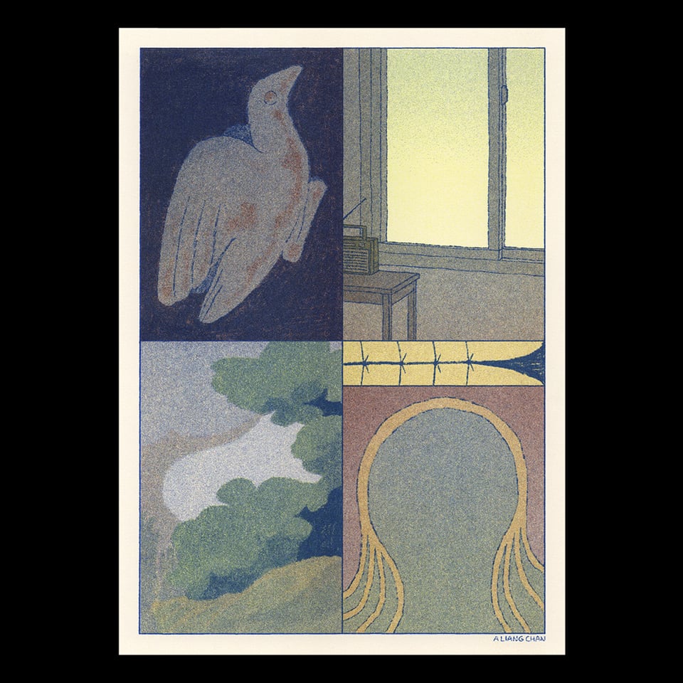 a riso print divided into 4 panels: a carving of a bird; a radio on a table by a window opening in to fading light; bushes on a ridge, stormclouds building behind; a pattern like sutures, and a stem-like pattern swelling upward.