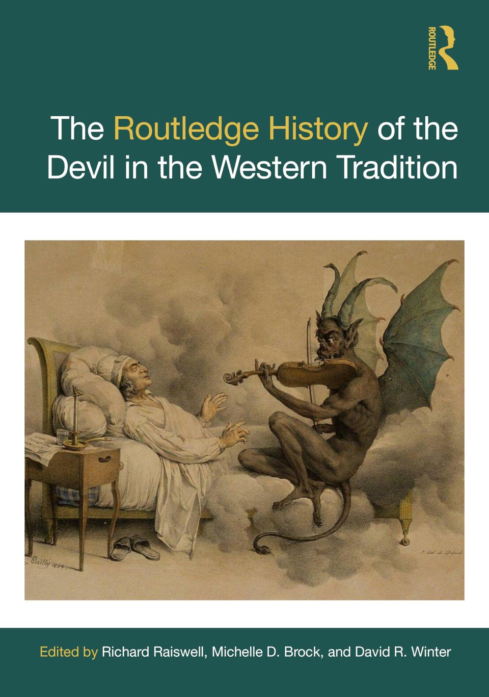 image of the book cover. green and white. devil sitting on the end of man's bed, seducing him with music.
