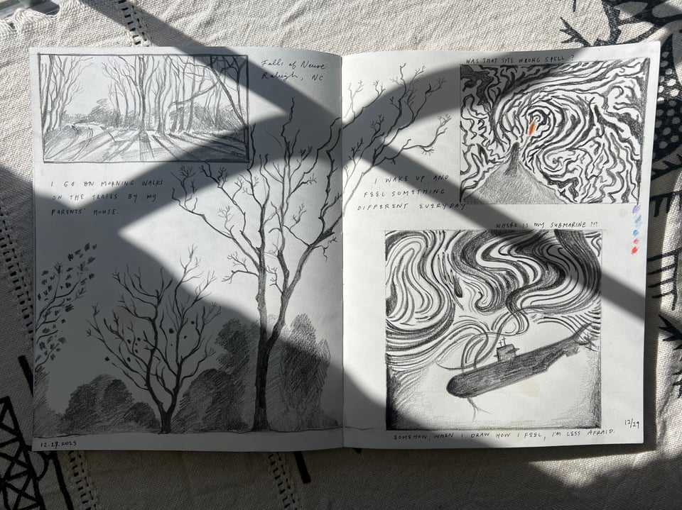 my sketchbook page with trees, swirling dark clouds, submarine