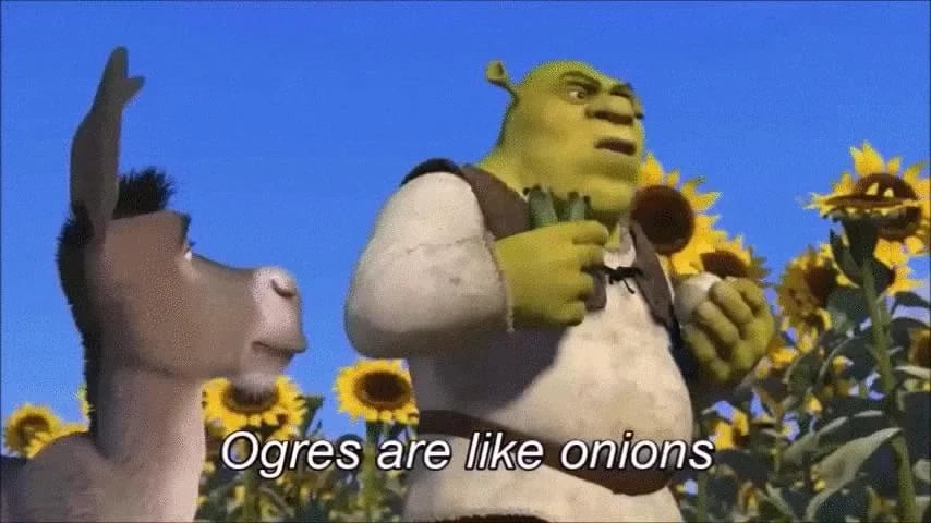 A still from the movie Shrek, in which a large green ogre is talking to a donkey while walking through a field of sunflowers. In white text the caption says "ogres are like onions."
