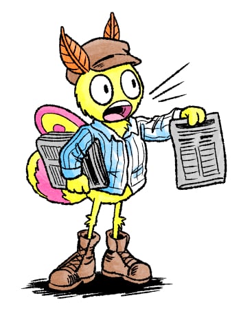 A cartoon moth dressed as an old-timey newsboy, carrying a stack of newspapers and holding one up while yelling.