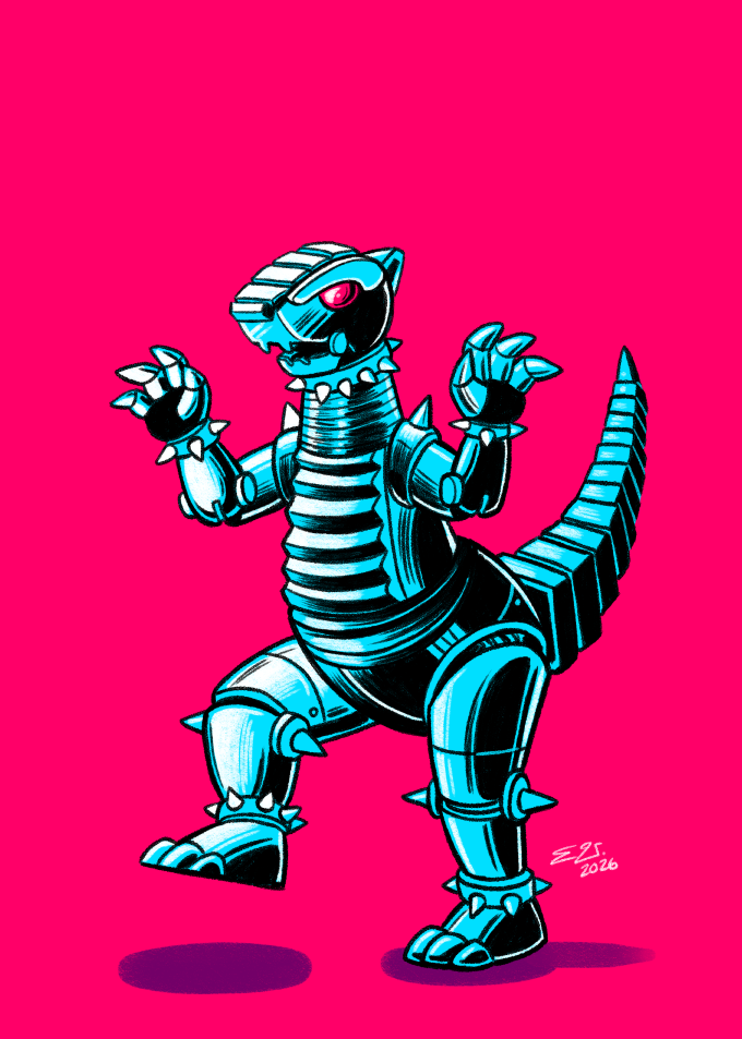 A giant (?) mechanized gopher, although it really looks more like a cross between a gopher and a dinosaur, ala Mechagodzilla, stomping around menacingly in a striking neon pink and blue colour palette.