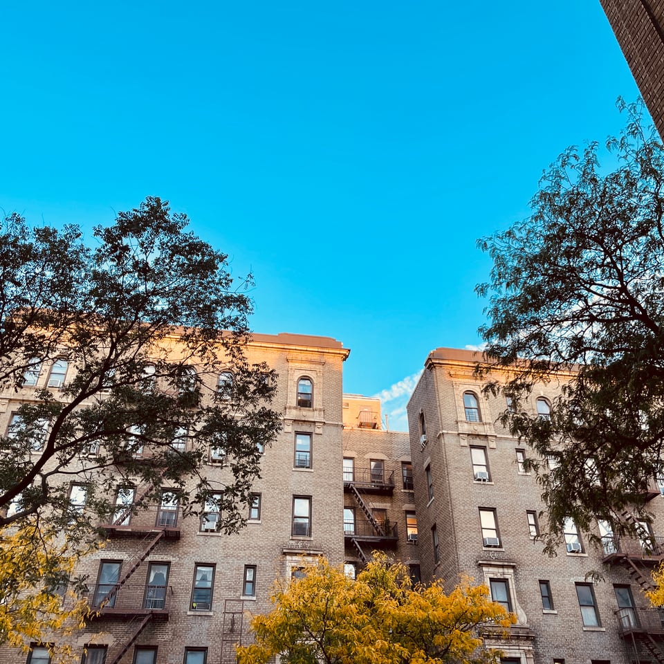 Shot of morning in Washington Heights, brilliant blue sky with tops of art deco building, fall leaves.