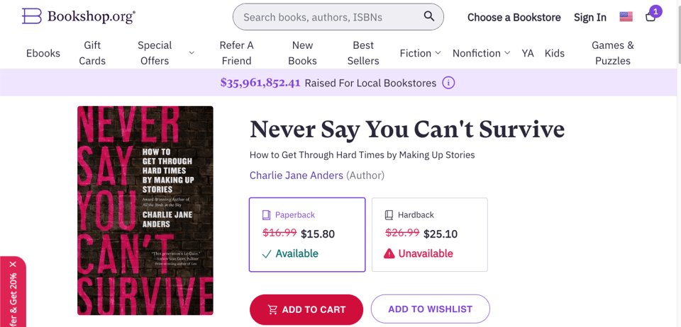 A screenshot of bookshop.org showing that there's a paperback of Never Say You Can't Survive available for just $15.80 now.