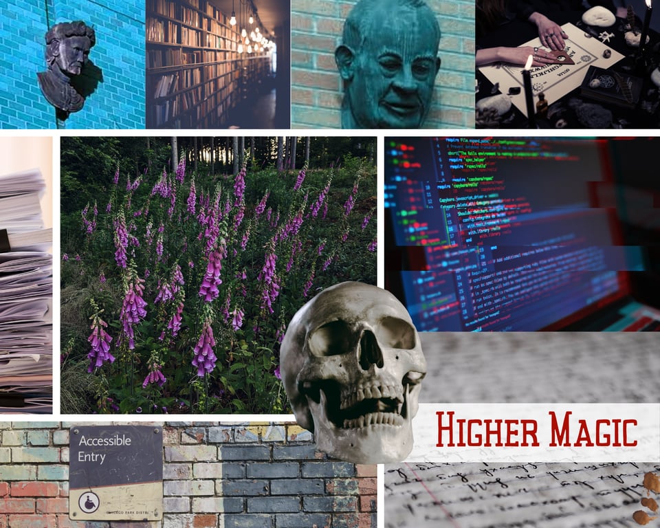 A moodboard featuring stone busts of people on brick buildings, a library scene with edison lightbulbs, a person using a Ouija board, foxgloves, a glitchy-looking monitor full of code, a sign that says accessible entry, handwritten notes, and a skull with the words Higher Magic.