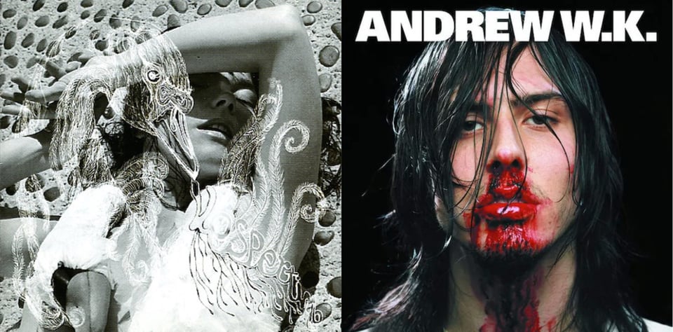 First pic: A black and white photo, tinted in a bluish-grey, of Björk, a white woman, laying on concrete in the sun, one arm over her face and casting it in shadow. Her eyes are closed and mouth is slightly open, intending a kind of sensual feeling. I believe she's naked, but her chest is obscured by a drawing of a goose or swan overlaying the image. The word VESPERTINE can just be made out in the bird's feathers. Second pic: A close-up color photo of Andrew W.K., a white man with long, possibly sweat-soaked black hair that falls down and is sticking to his face. His nose, lips, chin and throat are stained with blood, both fresh and dried. His eyes are heavy-lidded; the expression could be read as defiant or possibly just drugged-out. According to Wikipedia, W.K. hit himself with a cinder block to get the blood, and supplemented it with animal blood from a butcher's shop.