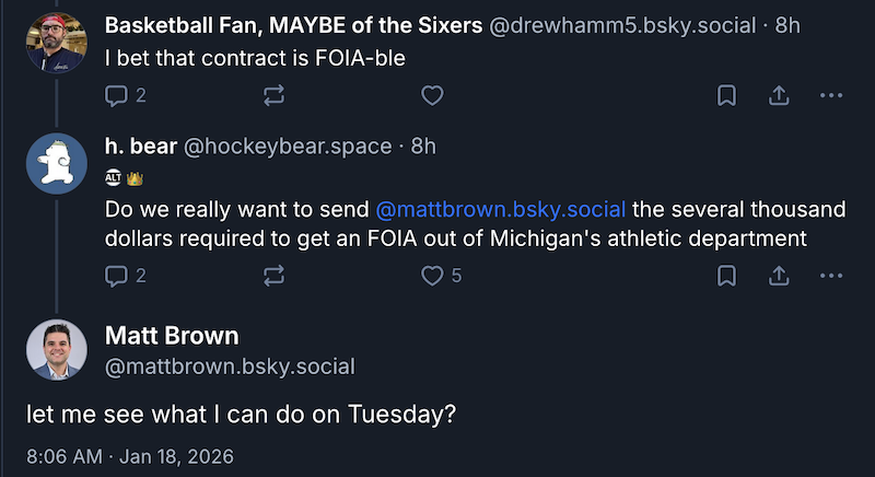 Screenshot of a Bluesky thread where Matt Brown offers to FOIA KBA's Ferne deal