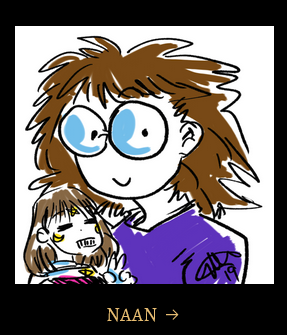 Screenshot of NAAN's profile picture that represents her digital booth at TCAF. Features her cartoony profile of herself with her character Eternal Ara giving the V sign at the camera.