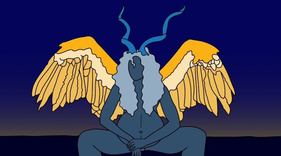 drawing of a demonic figure with golden wings and twisted horns.