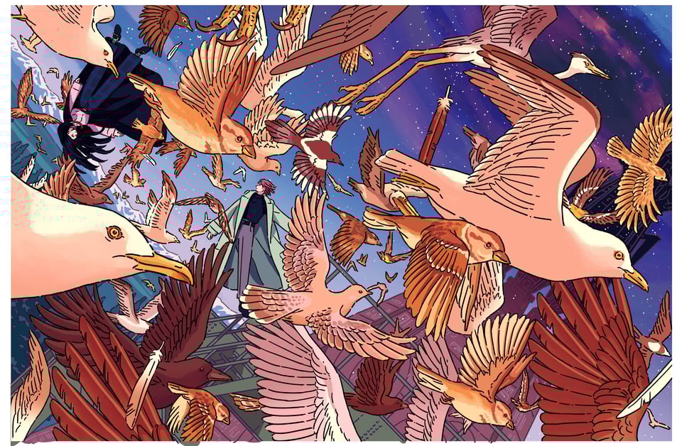 Gorgeous anime-style artwork shows a huge flock of birds including seagulls and doves flying through the air. In the middle of them, a man is standing on the ground wearing a green trenchcoat that flaps in the breeze. Upside down, there's a woman hanging in the sky, wearing what looks like a fancy kimono.