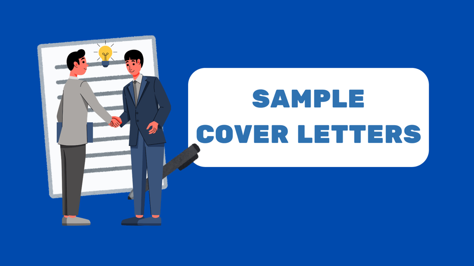 Two animated characters are shaking hands in front of a sheet of paper with lines and a lightbulb icon, accompanied by the text "Sample Cover Letters" on a blue background.
