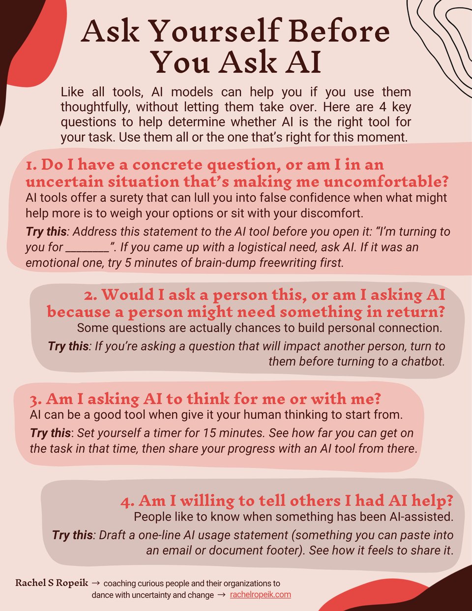 Infographic titled "Ask Yourself Before You Ask AI" presenting four key questions to consider before using AI tools, with brief explanations and suggested actions for each question.