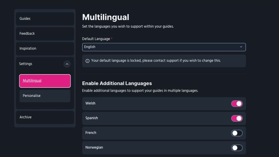 Screenshot showing the new guide language selection screen. The interface shows English as the default language and options to enable Welsh, Spanish, French, and Norwegian.