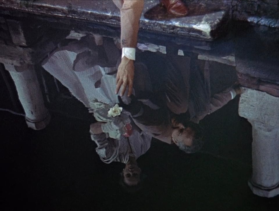 A man reaches for a camellia floating in a canal, with a woman visible standing behind him in the reflection in the water.