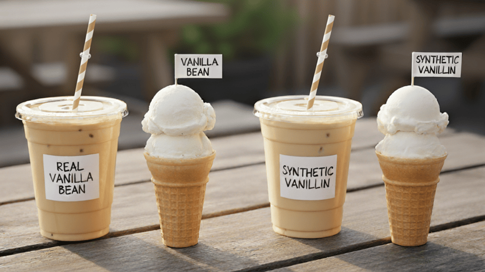 two lattes & ice cream cones, one pair labeled "Real Vanilla Bean" the other "Synthetic Vanillin"