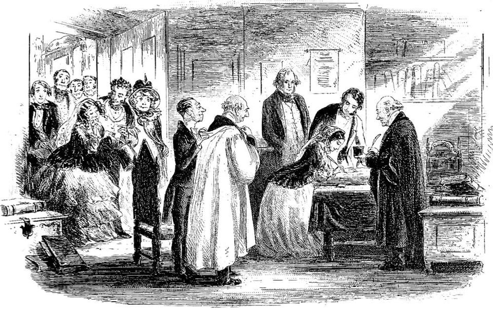 An illustration from the final installment of the novel: Little Dorrit leans over a desk to sign her marriage certificate, Arthur Clennam looking on, with a crowd of friends and collegians looking on.