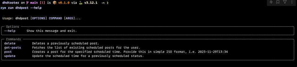 Screenshot of the help menu showing off all the defined subcommands for dhdpost