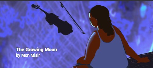 This is an image of a person - fairly gender neutral - with long hair, sitting in what looks to be a space ship looking out at a massive moon in front of them with a violin and bow hanging in the air.