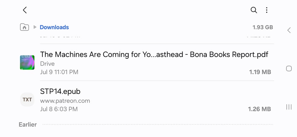 A screenshot from the downloads folder of my phone<br/>It shows icons and filename of two files, the. Ona Books "The Machines are Coming for Your Masthead" and the latest issue of Seize the Press