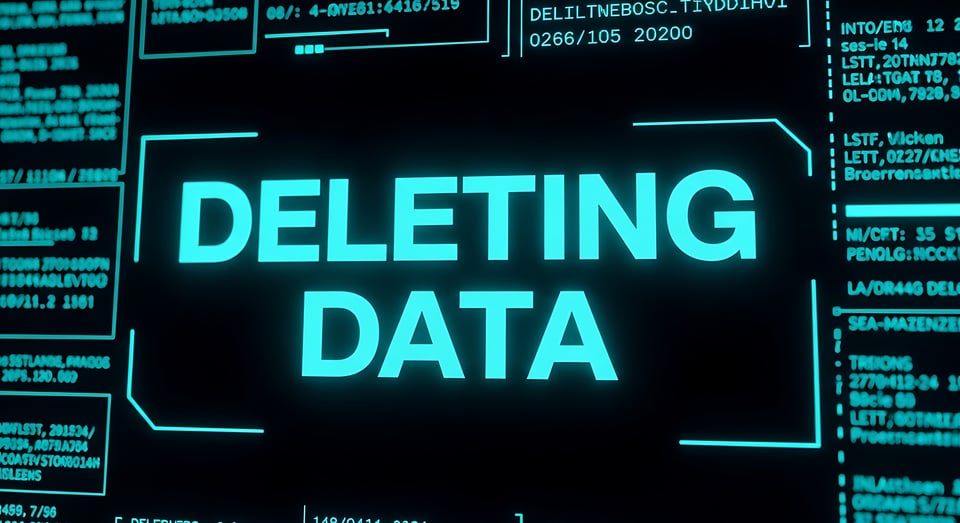 AI-generated screen that says “Deleting Data” surrounded by admin-like messages