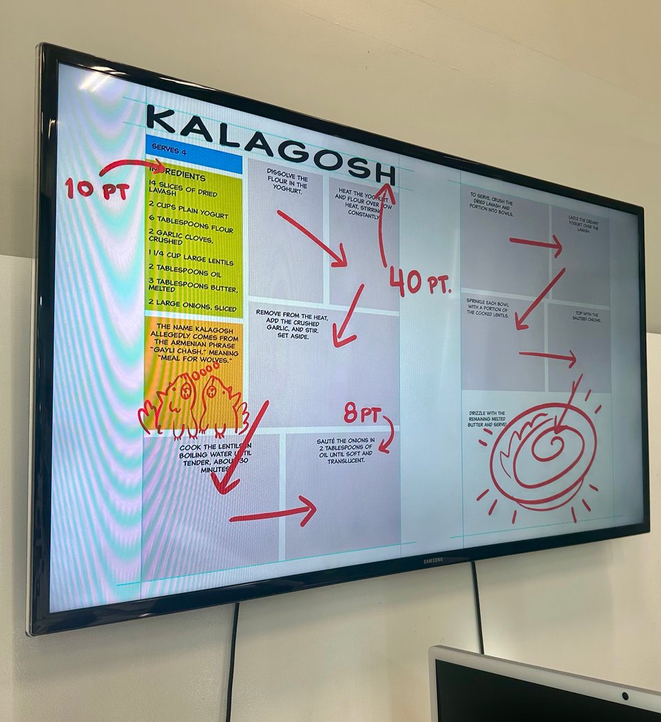 A screen of notes over the layout for a recipe for kalagosh