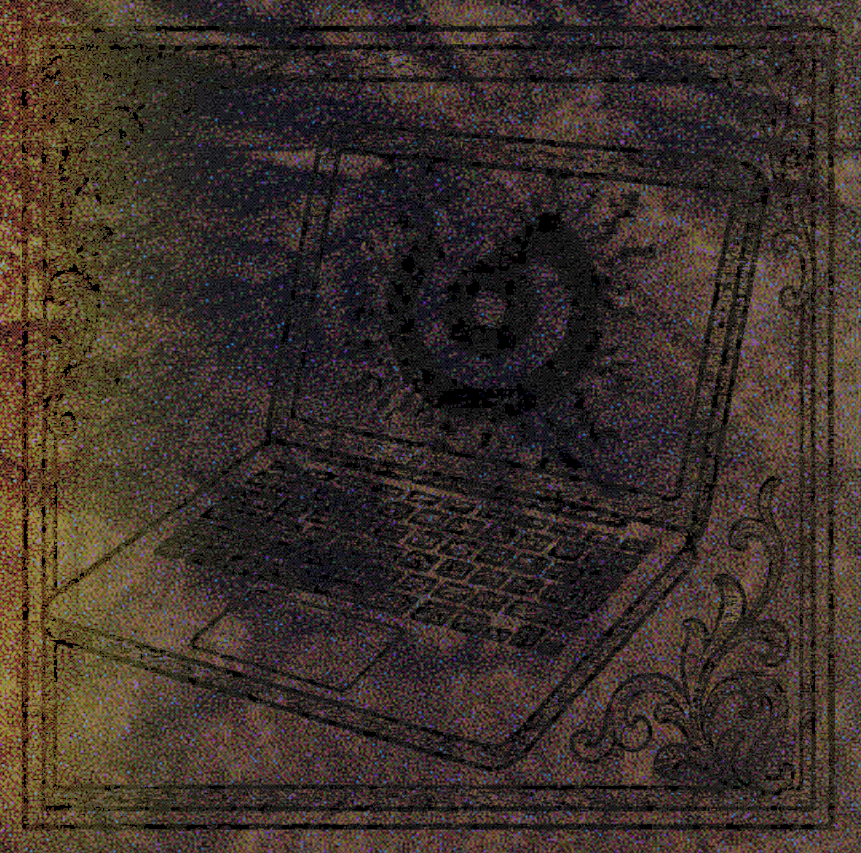 A very digitally-fuzzy picture of a laptop, with plantlike decorative flourishes
