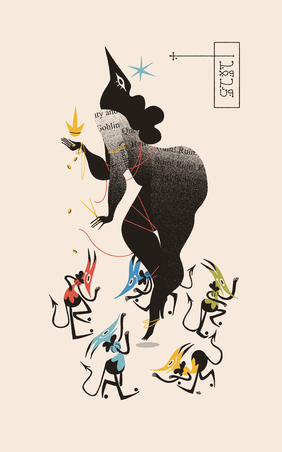 Five multi-colored goblins dance around a bird-headed goddess. She holds a crown, coins, and scissors that cut a red thread which bound her. Above her is text in Wormrōte which reads 'The Goblin Queen'.