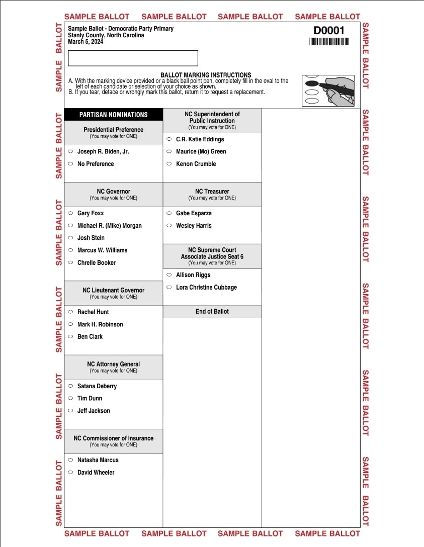 Sample Ballot for the Democratic Party Primary in Stanly County NC