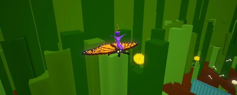 A screenshot from a doof that takes place outside, and you are the size of a bug. A purple doofus is sitting on a monarch butterfly and there are dandelions in the background.